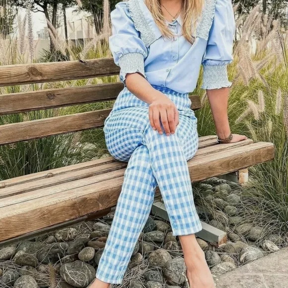NWT ZARA HIGH-WAISTED GINGHAM PANTS BLUE/WHITE 1608/732 Sz large